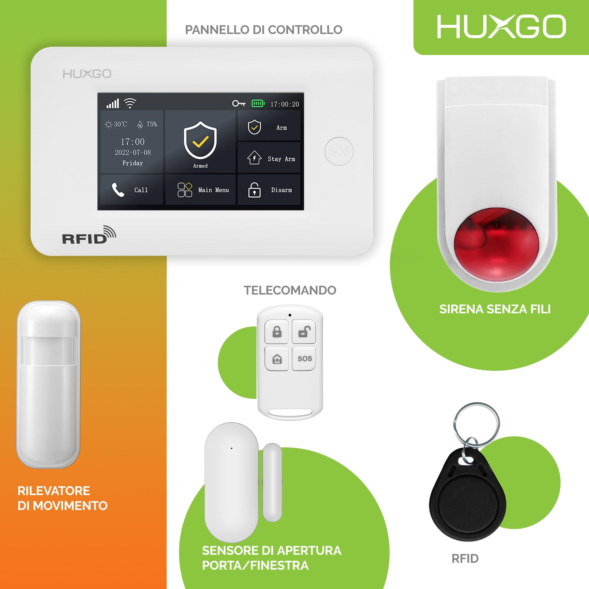 HXA006 Antifurto casa wireless WiFi + GSM con radio Sirena | Kit allarme casa senza fili: 5x rilevatori di movimento, 5x sensori di allarme per finestre/porte | Per Casa, Appartamento