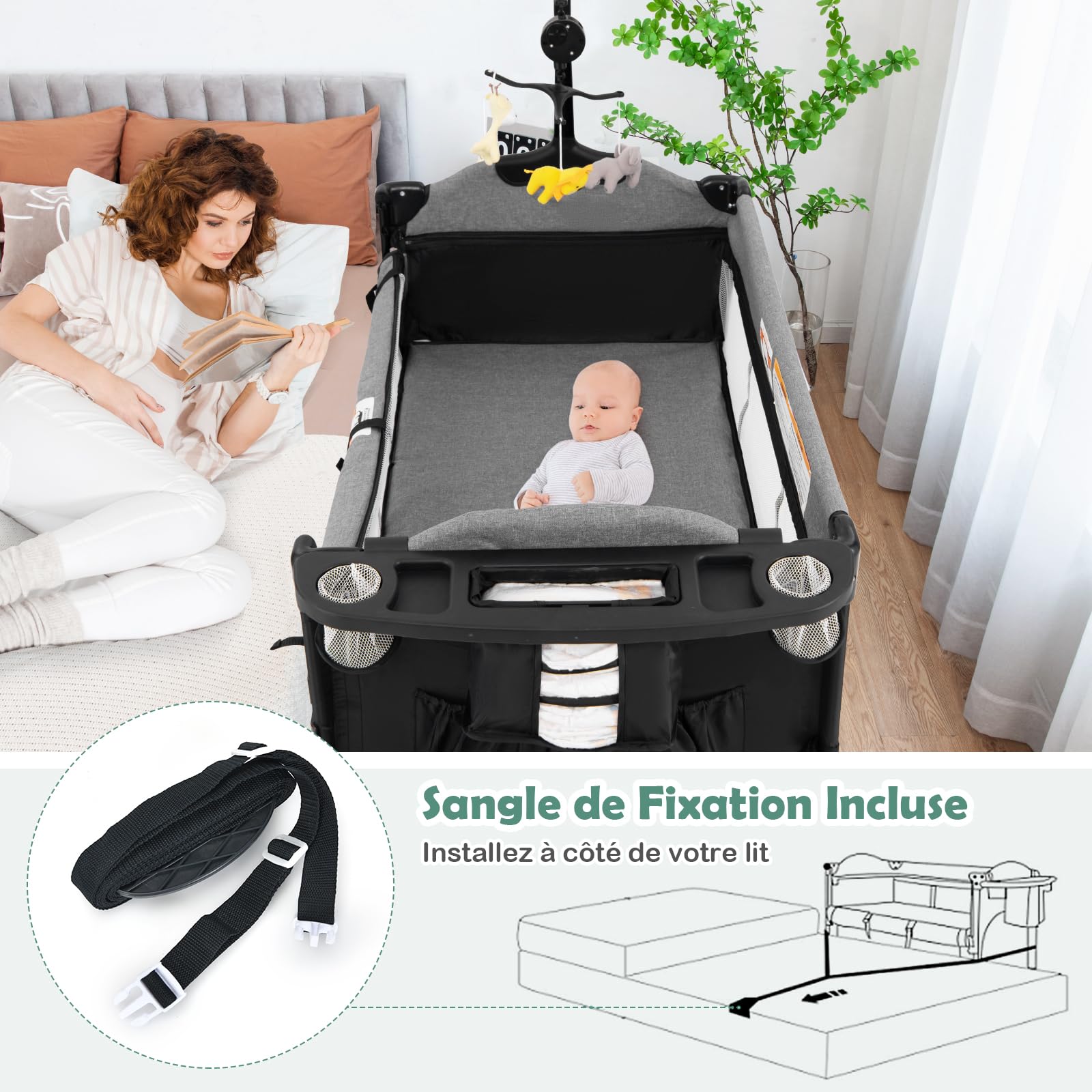 COSTWAY 5 en 1 Lit Parapluie Bébé avec Matelas & Table à Langer, Lit Bébé Evolutif avec 4 Hauteurs Réglables, 3 Jouets Suspendus & Boîte à Musique, Roues avec Freins, Charge Max 15kg, 0-36 Mois