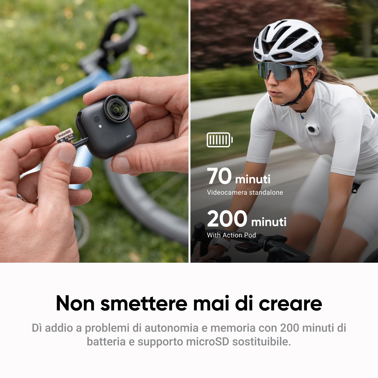 Insta360 GO Ultra Nero- Mini action cam 4K, vlog camera, fotocamera POV a mani libere, sensore 1/1,28″, pockect cam 53 g, FOV 156°, autonomia 200 min, indossabile con aggancio magnetico per sport