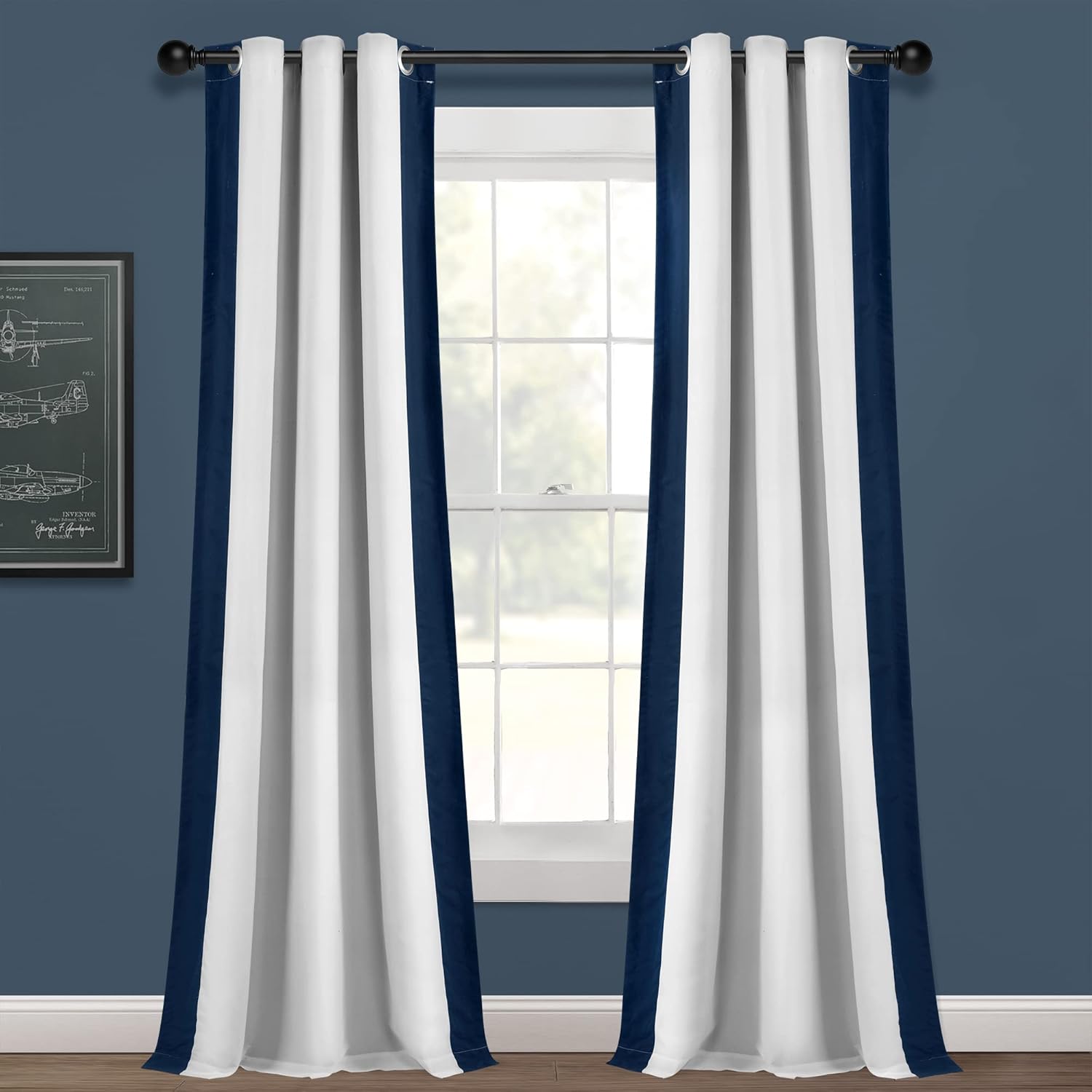 Lush Decor Block Border 100% Lined Grommet Blackout Window Curtain Panel (Single Panel), 84" L x 40" W, White & Navy White & Navy 84"L x 40"W