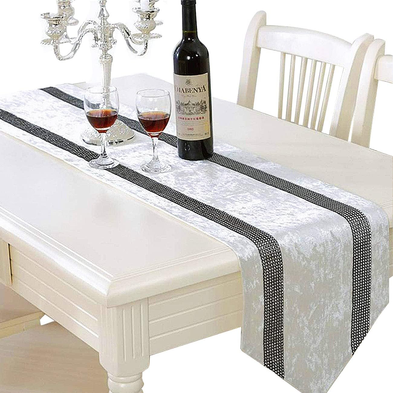 Jiino Table Runner 98 inches Long Creamy White Glitter Table Runner for Kitchen Coffee/Dining/Sofa/End Table Bedroom Home Living Room Decor for Holiday Dinner