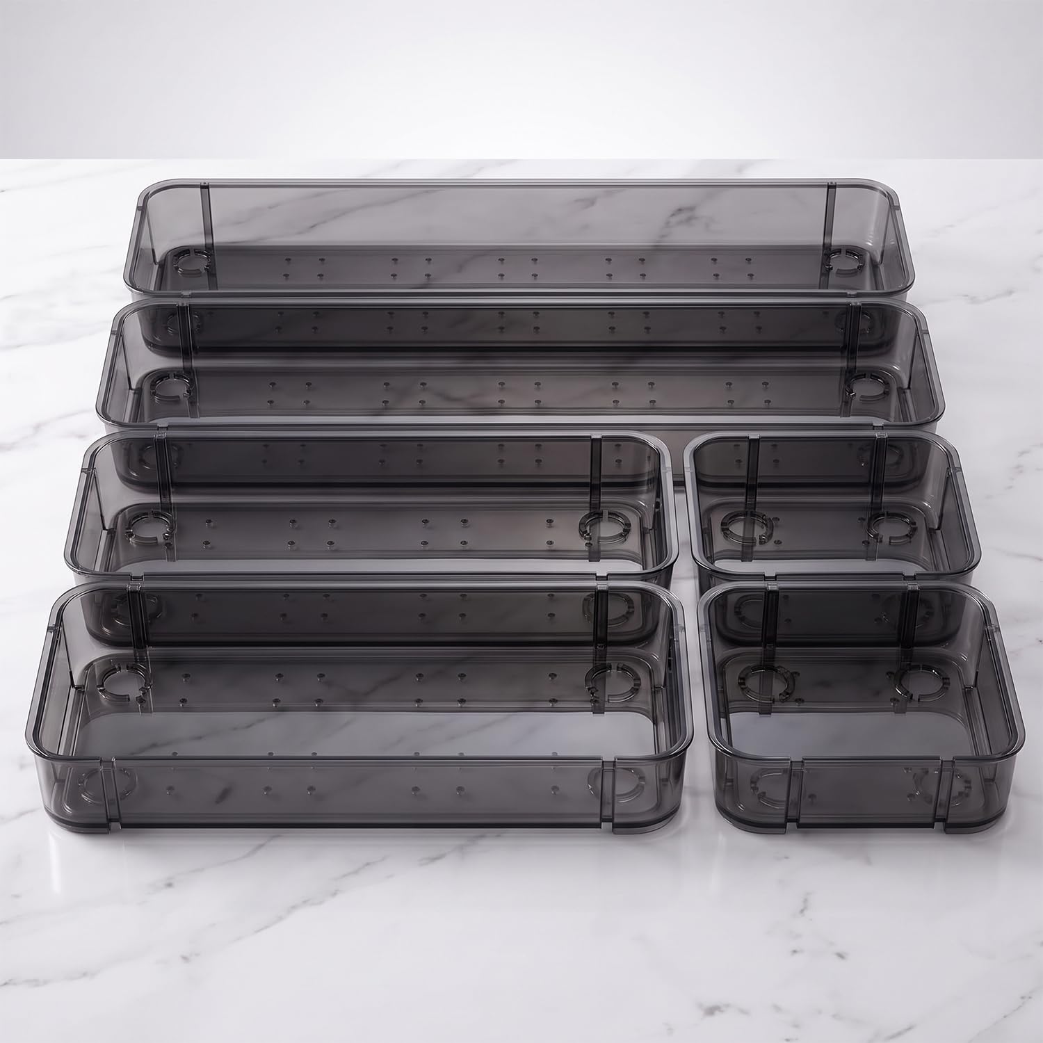 trendy home drawer organiser tray set of 6, bpa-free plastic storage boxes | durable, lightweight, stackable, multi-size trays for makeup, jewellery