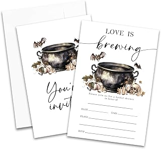 4'' x 6'' Love Is Brewing Wedding Invitations - Set of 25 Skull & Pumpkins Invites Cards with Envelopes - Halloween Bridal Shower, Wedding Celebration Invites for Newlyweds, Party Supplies & Decor-A11