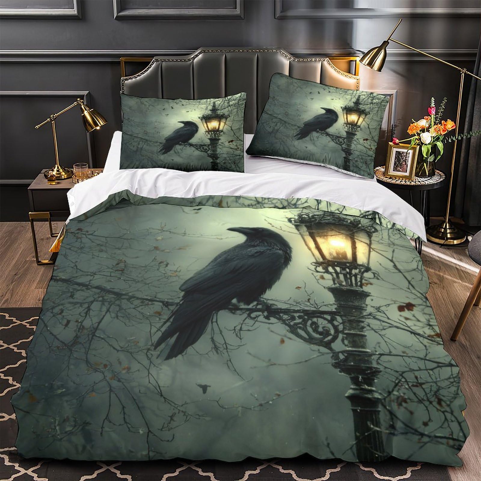 Parure de lit corbeau gothique 140x200 housse de couette single en microfibre