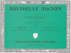 ARCHES 18 x 26 cm 300 GSM Cold Pressed Glued on 4 Sides Block Watercolour Paper - Natural White (Pack of 20 Sheets)