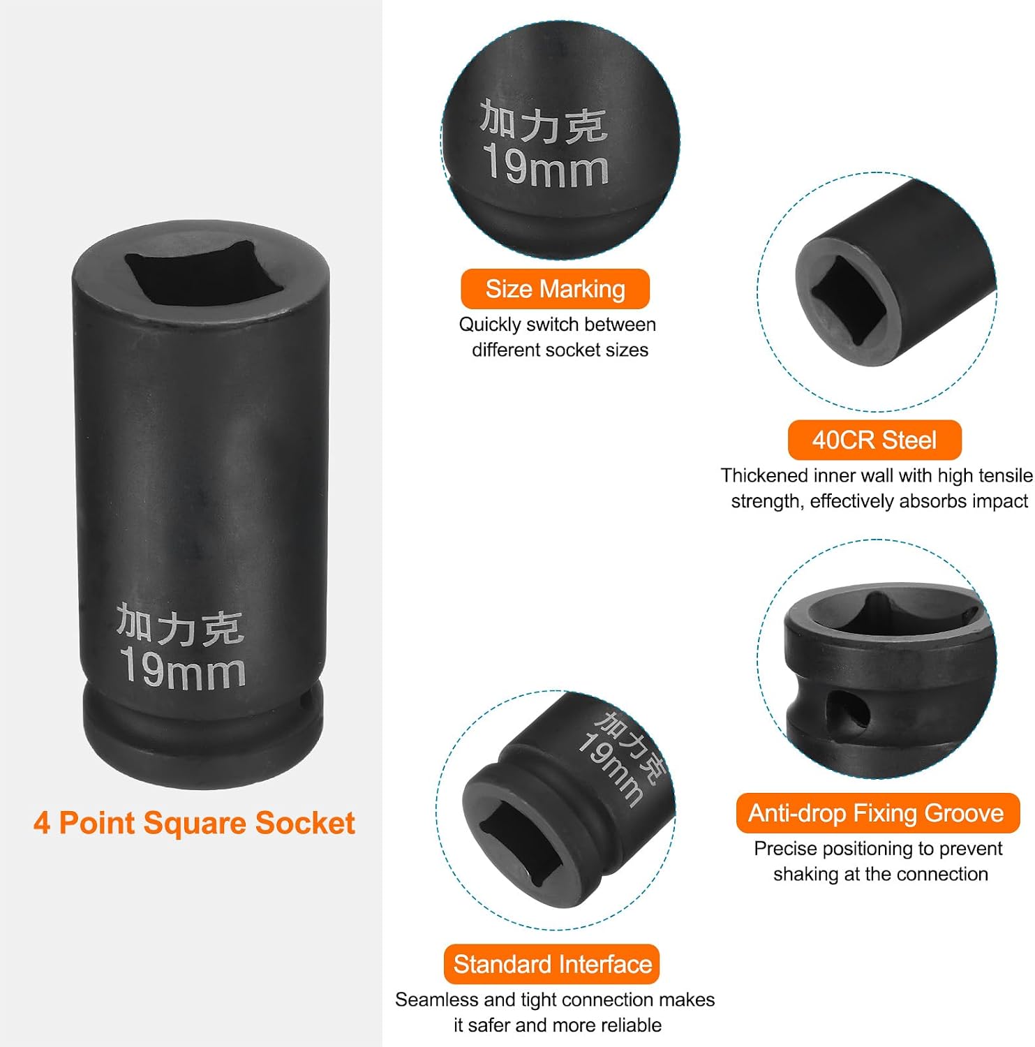 HARFINGTON 2pcs 4 Point Square Socket 3/4" Drive by 19mm Metric Square Impact Socket 40CR Blackening Standard Wheel Sockets Pneumatic Socket for Auto Repair Mechanical Maintenance Home Use