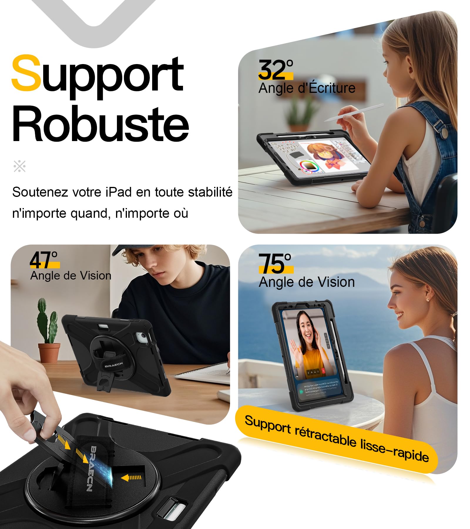BRAECN pour Coque iPad Air 11 Pouces 2026 M4/2025 M3/2024 M2, Étui de Robuste avec Film Protection, Support Rotatif à 360°et Dragonne, Bandoulière, Porte-Stylet, Noir
