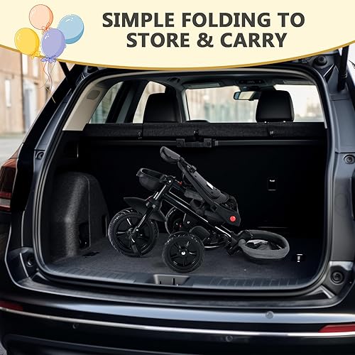 Miniatura 7 de Kinder King Triciclo para niños, triciclo plegable 7 en 1 para niños pequeños con mango de empuje ajustable, asiento giratorio, toldo ajustable,