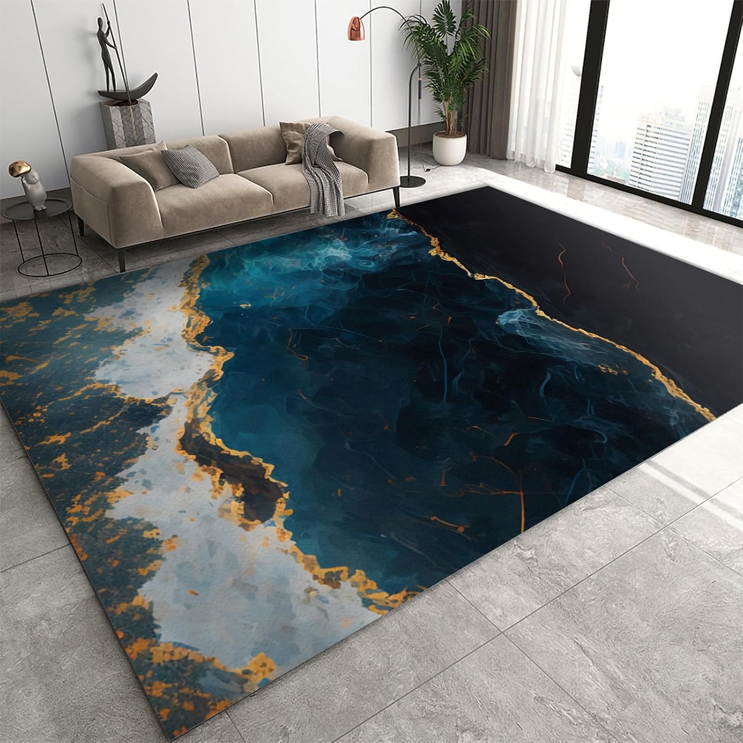 Blue Gold Marble Area Rug, Black Starry Gold Lines Rugs Floor Carpet, Indoor Non-Slip Rug for Room Sofa Living Room Mat Bedroom Home Decor Floor Mats 6ftx9ft
