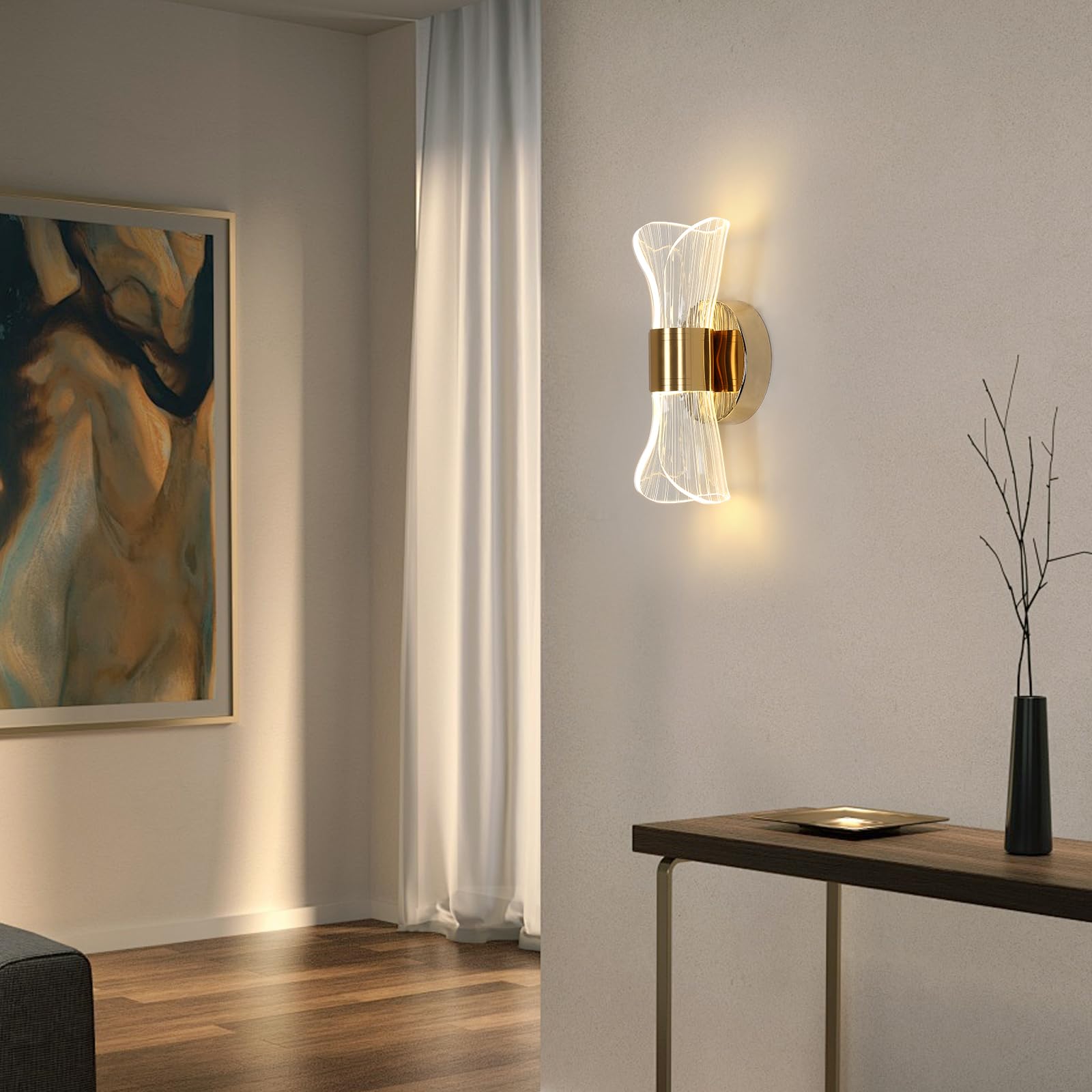 DELIPOP Applique Murale Intérieure, 12W Lampe Murale LED Moderne 3 Température de Couleur 3000K/4500K/6500K, Or Luminaire Mural en Acrylique pour Chambre, Salon, Couloir, Escalier