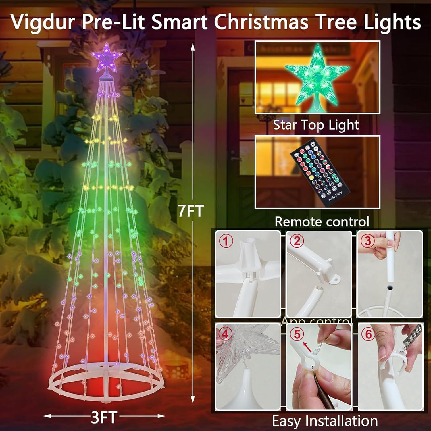 Led Christmas Tree Outdoor, 7FT Lighted Christmas Cone Tree with Remote, Timer, App Control Color Changing Artificial Christmas Trees with Music Sync for Xmas Yard Garden Party