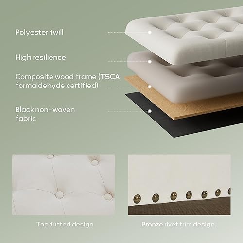 Miniatura 33 de HUIMO Banco otomano de almacenamiento de 51 pulgadas con bandeja extraíble, tela de mezcla de lino y algodón, botones acolchados, bisagra de Bandeja