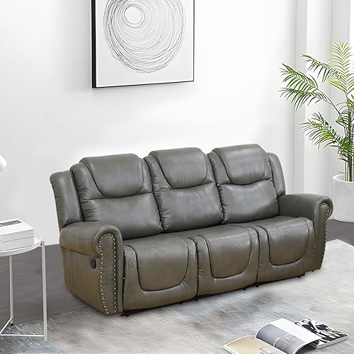 Miniatura 4 de Juego de sofá reclinable de cuero, juego de muebles de sala de estar, juego de sofá de cuero reclinable con ribete de remaches con portavasos (juego