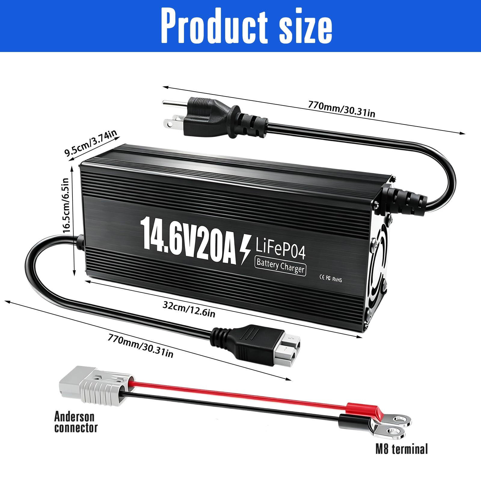 Chargeur de batterie LiFePO4 14,6 V 20 A, intelligence automatique à 3 niveaux, chargeur LiFePO4 12 V AC-DC, chargeur LiFePO 4 pour batteries au lithium LiFePO4 Deep Cycle de ménage, système