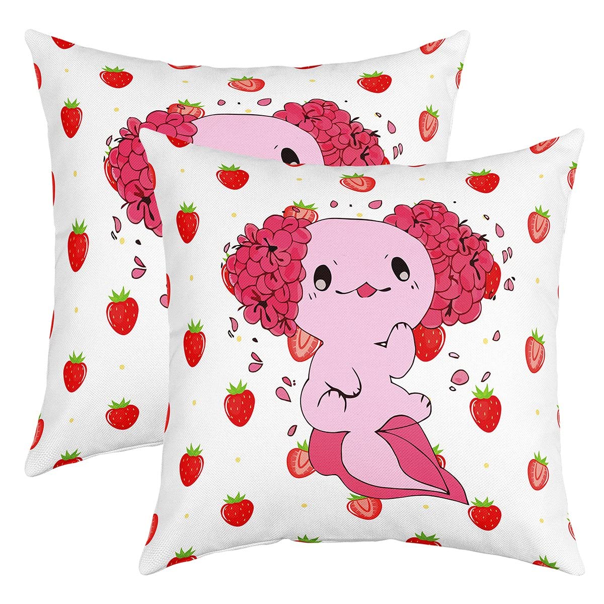 Richhome Multi 10 Cute Axolotl Pillow Cover Kawaii Cartoon Sea Creature Decorative Pillow Cover Pink Floral Strawberry Throw Pillow Cover For Living Room Couch Decor,Pack Of 2,16"X16"