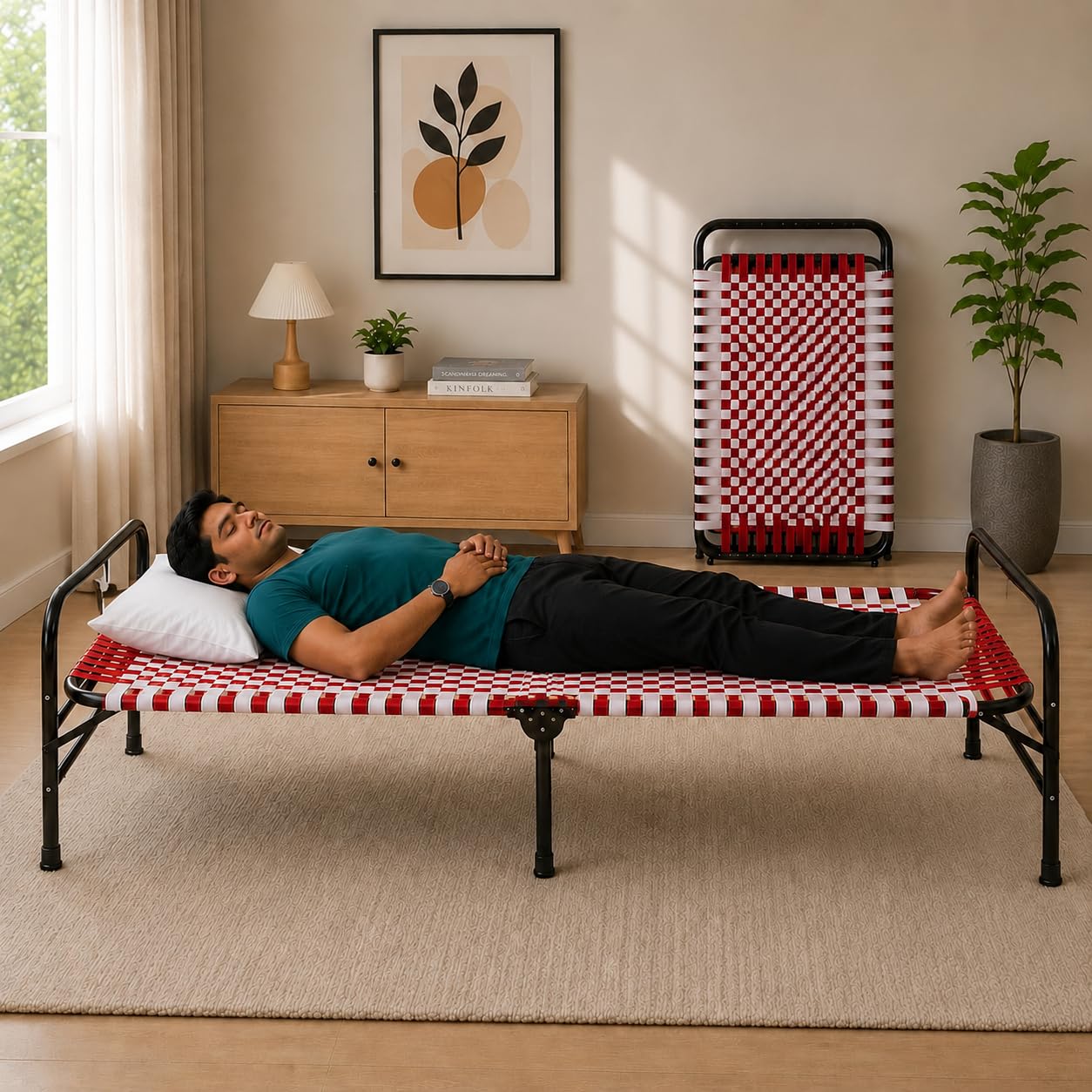 Single Folding Bed 3x6 Feet for Adults | Heavy Duty Foldable Metal Cot | Portable Guest Cot | Charpai Khatiya Khat Khatla Khatlo | Space Saving Bed for Home, Hostel, PG & Travel (Assorted)-image-15