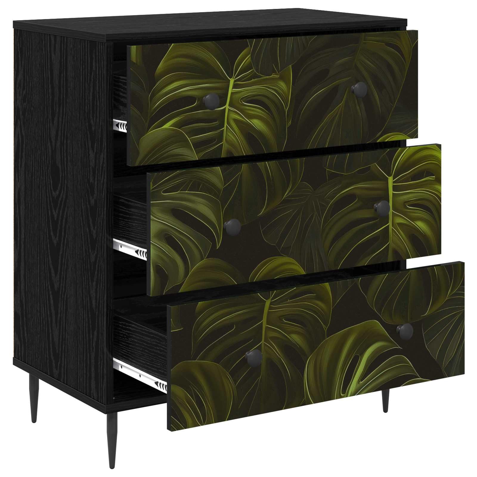 Cassettiera Rovere Nero con 3 Cassetti 66x36,5x76 cm | Comò moderno con stampa a foglia per camera da letto o soggiorno, ideale per riporre documenti e accessori.