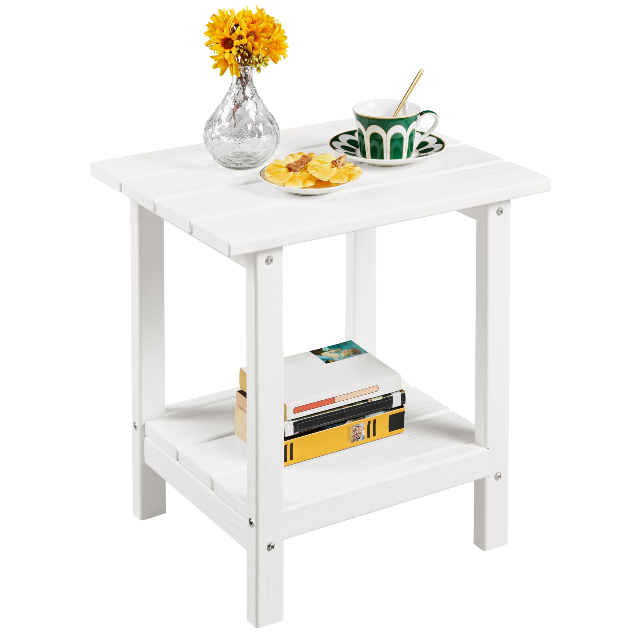 Yaheetech Adirondack Outdoor Side Table, HDPE Small Patio End Table, Pool Composite Patio Table, Balcony Modern Outside Tables for Garden, Pool, Beach, Porch, Deck, Indoor, Backyard White/double layer