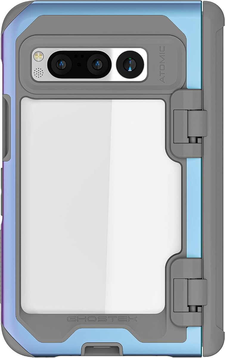 ATOMIC slim Pixel Fold Phone Case with Clear Back and Iridescent Aluminum Bumper Heavy Duty Shock Absorbent Protective Metal Phone Covers Designed for 2023 Google Pixel Fold (7.6") (Prismatic)