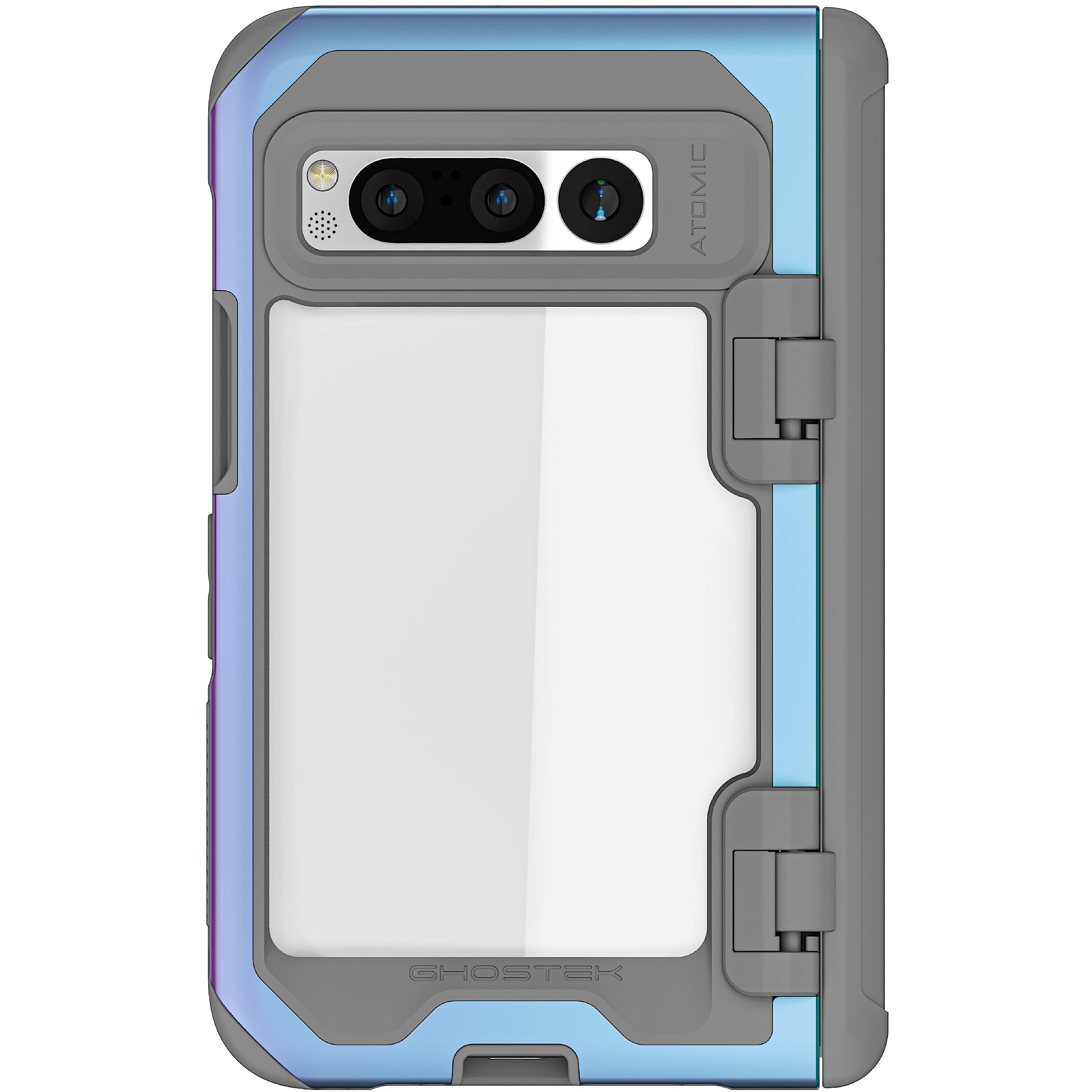 Ghostek ATOMIC slim Pixel Fold Phone Case with Clear Back and Iridescent Aluminum Bumper Heavy Duty Shock Absorbent Protective Metal Phone Covers Designed for 2023 Google Pixel Fold (7.6") (Prismatic)