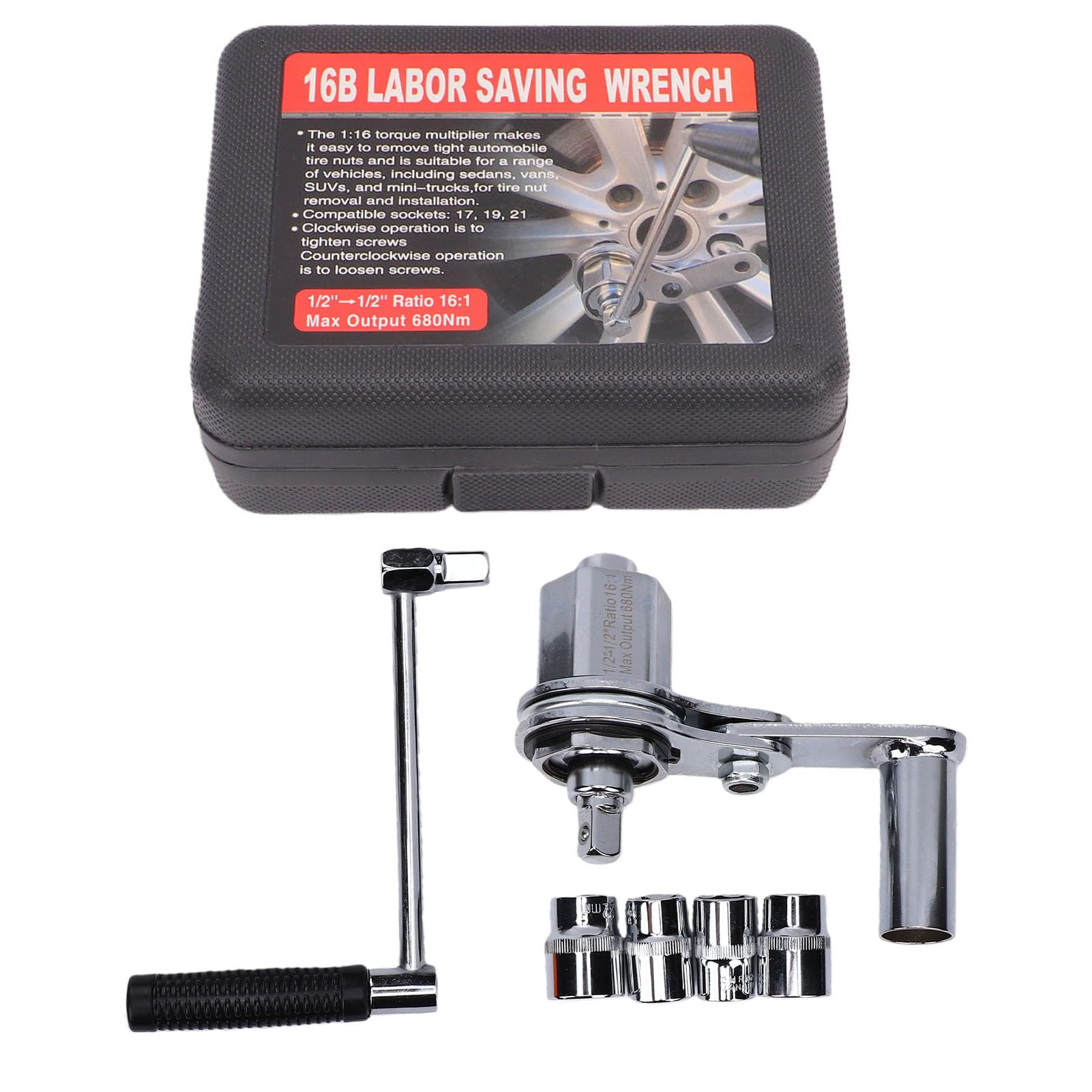 ASHATA Set di chiavi dinamometriche moltiplicate con rapporto 1:16 e potenza di uscita 680 Nm, robusto estrattore per dadi ruote, adatto per rimorchi di camion, attacco da 1/2", 4