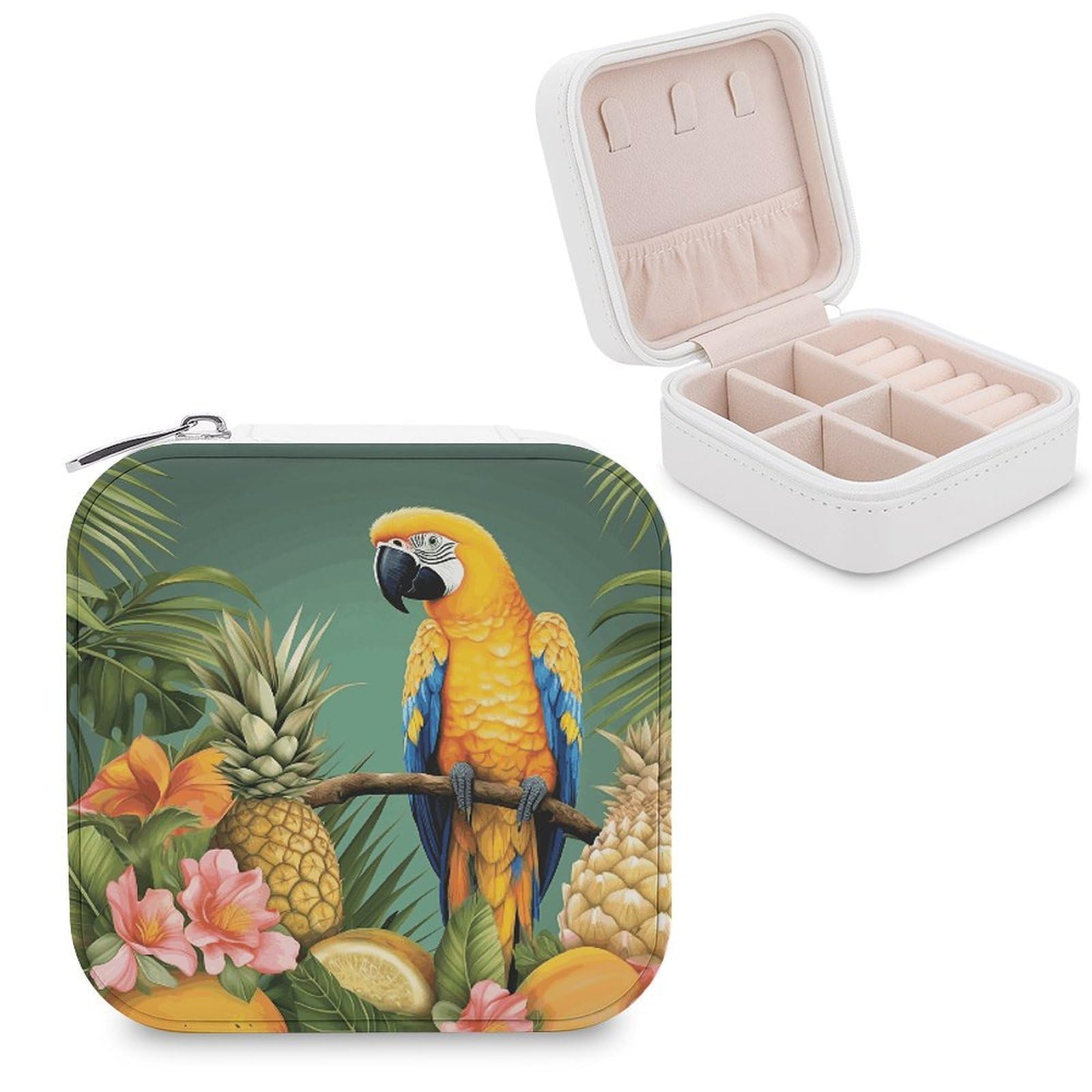 FekiLoot Summer Parrot Pineapple Bird Jewelry Box Custom Jewelry Travel Case Pu Leather Trinket Organizer Box to Organize Ring Pendant Earring Small Portable Jewelry Storage Holder for Women