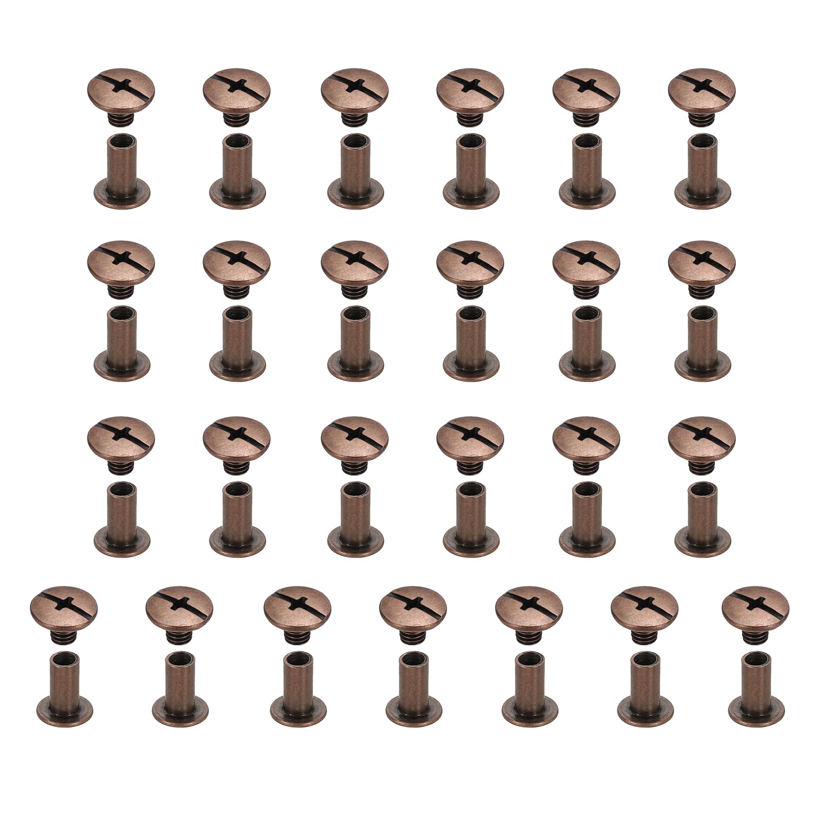 sourcing map 25set Chicago Screw M5x10mm Phillips Nail Rivet Stud Bolts Rivets Binding Post Screw for DIY Craft Leather Belt Bag Bookbinding, Red Copper