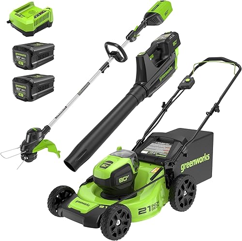 Greenworks Cortacésped de empuje de 80 V 21 pulgadassoplador de 500 CFM13 cuerdas Kit combinado con baterías de 2 x 2 Ah y cargador rápido 4A
