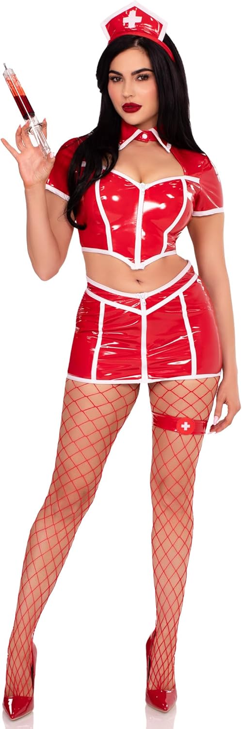 Alert Nurse Costume Sexy Vinyl Crop Top, Mini Skirt, Leg Garter and Nurse Headband Sexy Halloween Costumes for Women