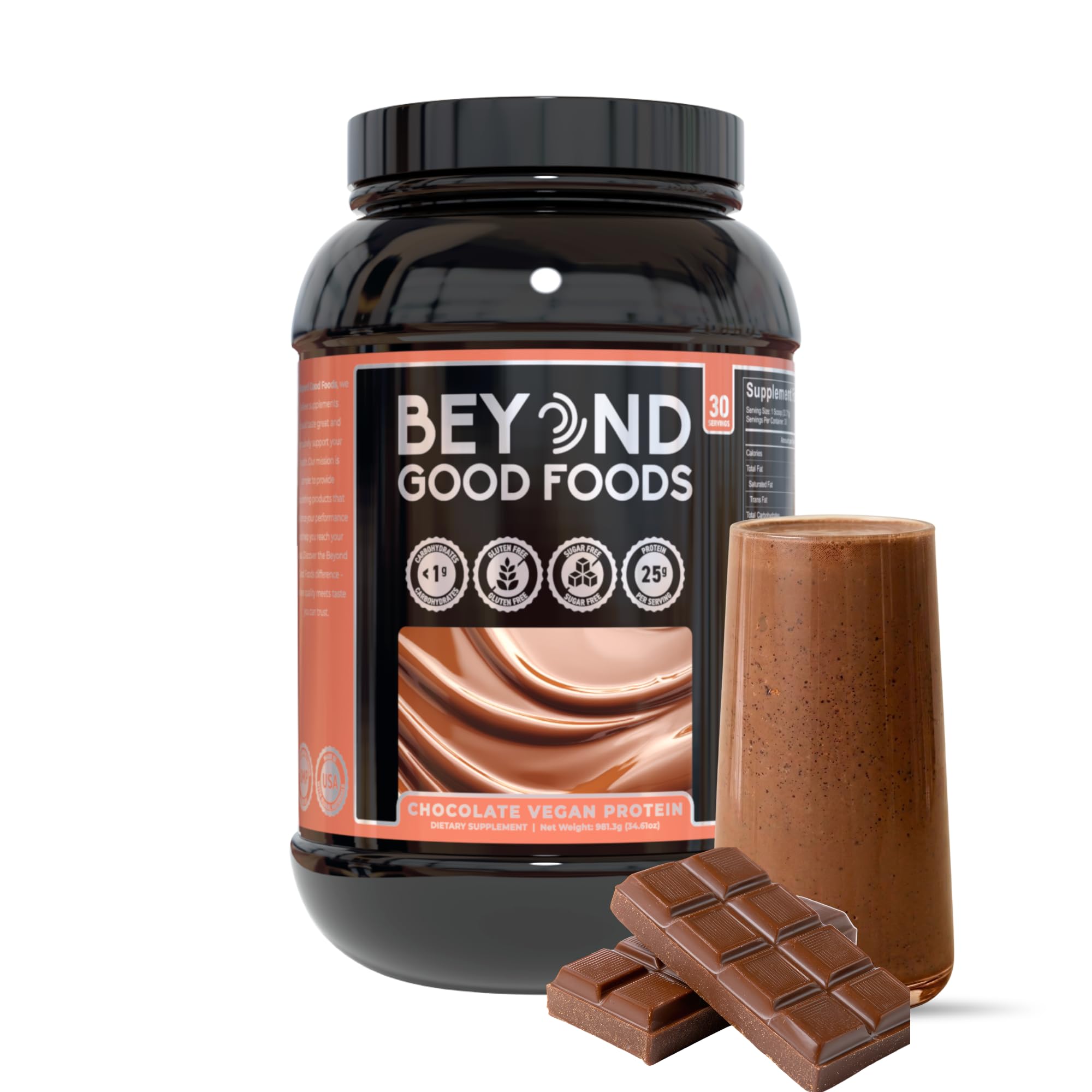 Beyond Good Foods Proteína Vegetal de Ervilha e Arroz Integral sabor Chocolate, 25 g, 30 porções