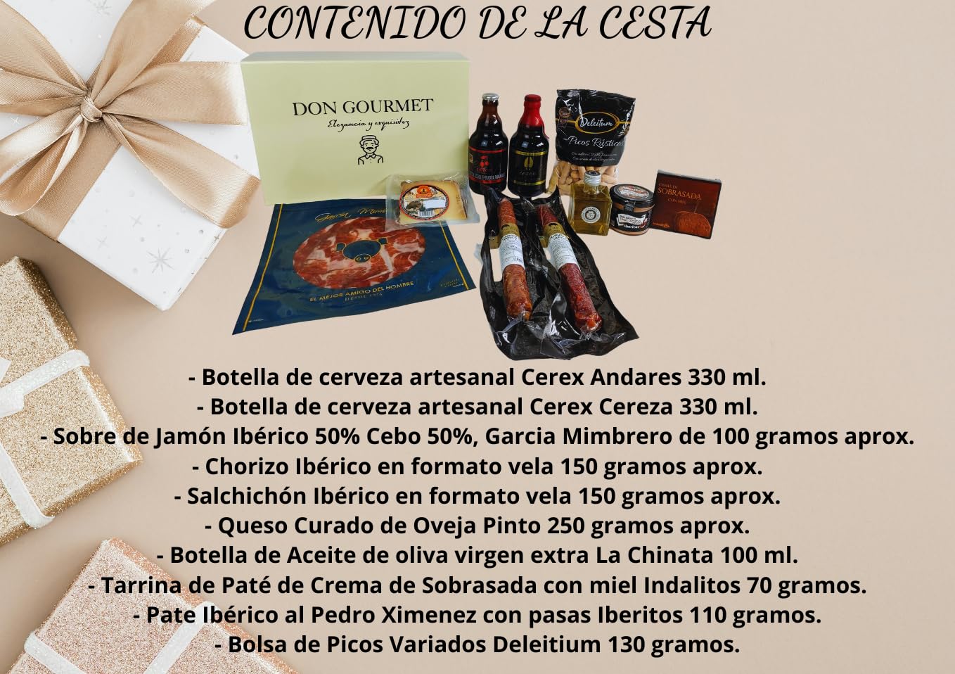 DON GOURMET, Cesta Gourmet para Regalar, Cesta Navidad, Personalizable Queso curado, jamón ibérico, lote embutidos ibéricos, aceite de oliva, patés, pack ibéricos, Regalo Profesor.