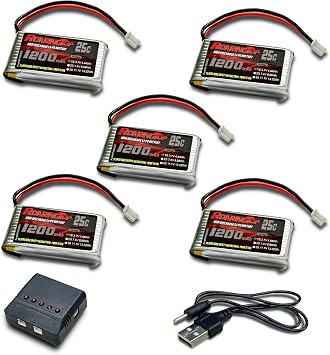 RoaringTop 3.7V Battery 1200mAh PH2.0 Plug with 5in1 Charger High Capacity Lipo Battery Fit for RC Drone Quadcopter Spare Parts