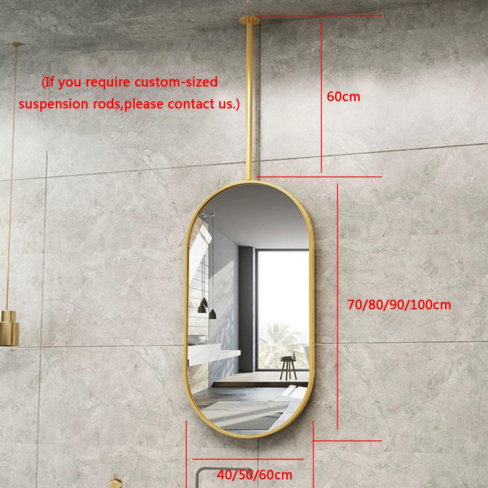 Owalne sufitowe podwieszane lustro łazienkowe – montowane na ścianie metalowe lustro do makijażu do przedpokoju i sypialni stylowa dekoracja toaletki (60 x 100 cm)
