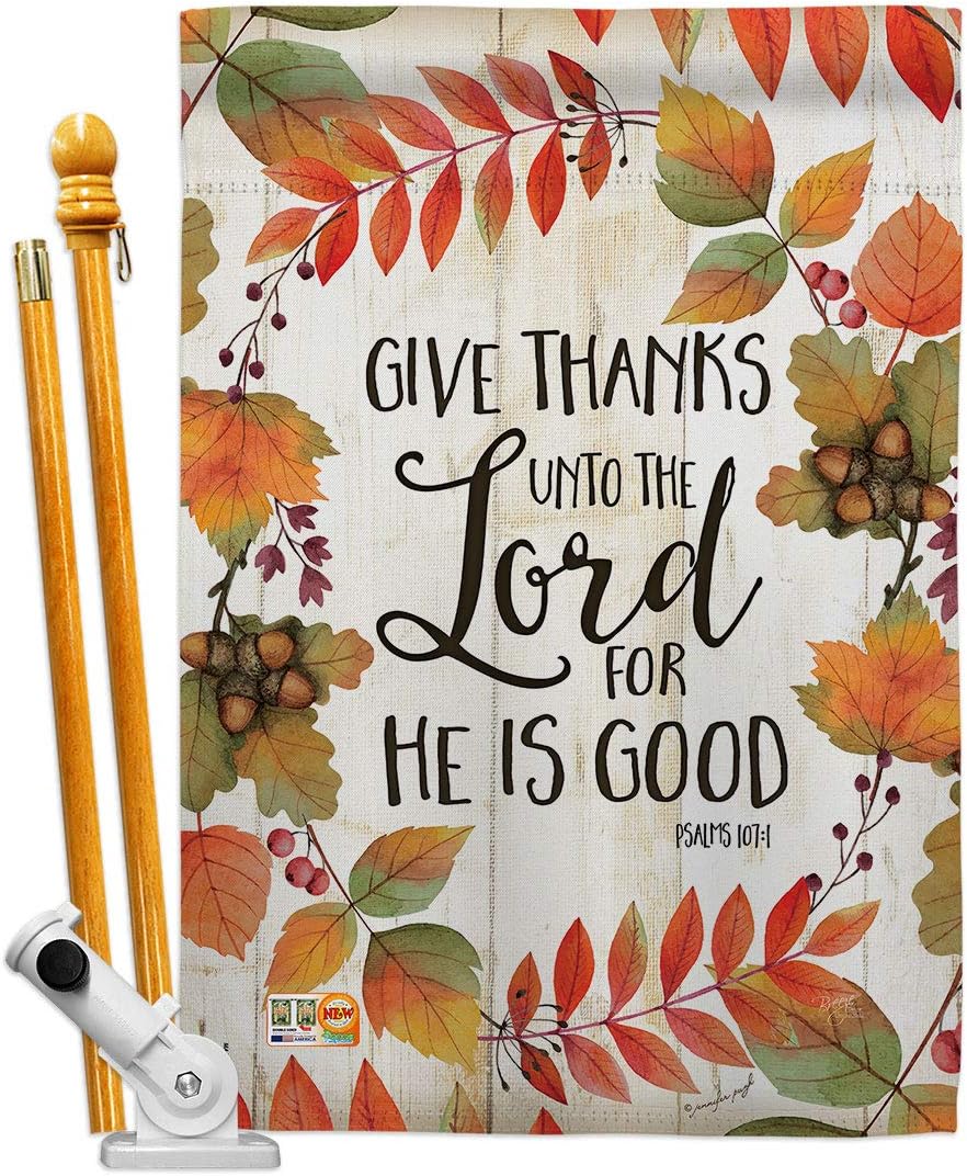 Give Thanks Unto the Lord House Flag Falltime Thanksgiving Turkey Gobble Pumpkin Season Autumntime Cornucopia Small Decorative Gift Yard Banner Made In USA 28 X 40