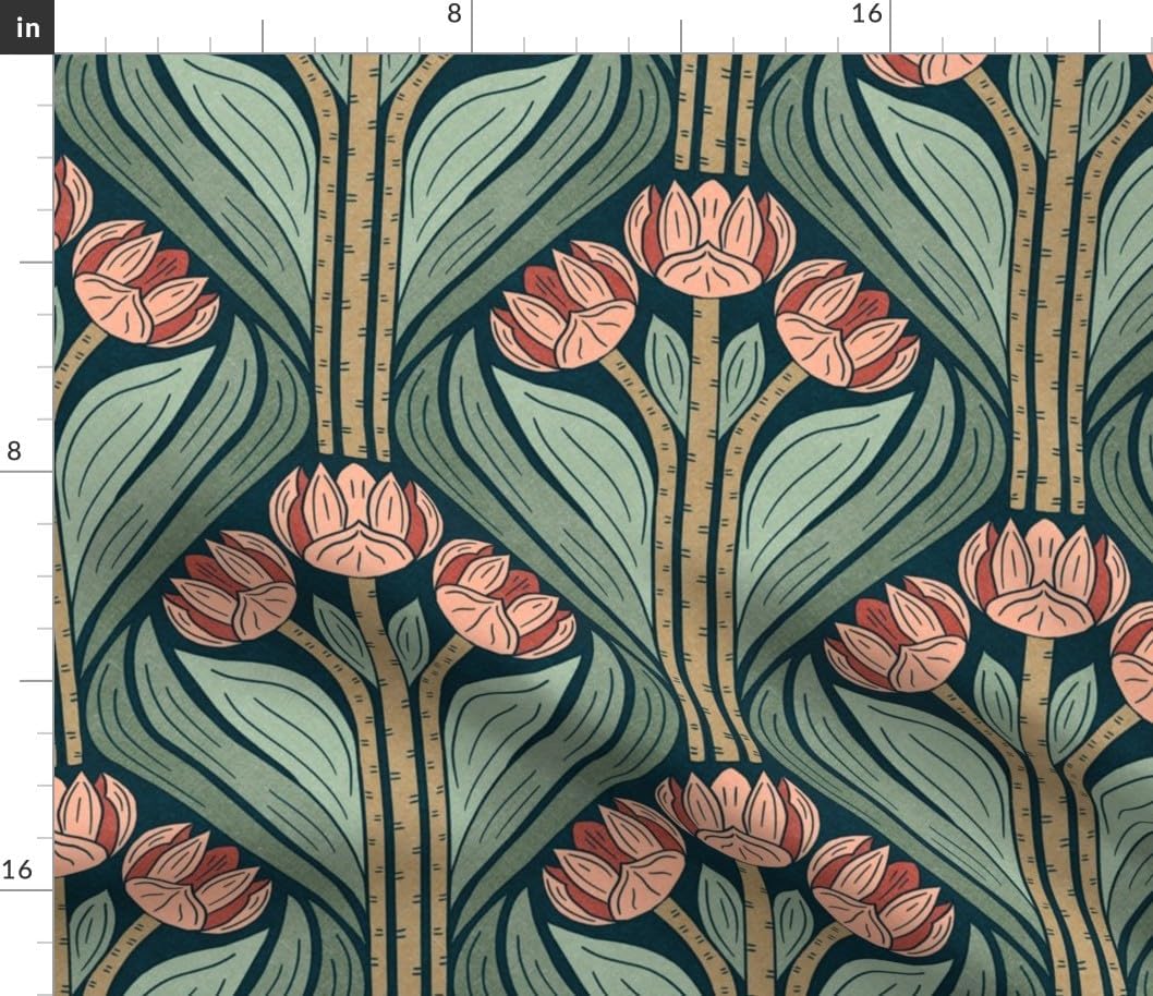 Spoonflower Fabric - Pink Floral Green Botanical Art Deco Damask Geranium Flower Printed on Petal Cotton Fabric by The Yard - Sewing Quilting Apparel Crafts Decor