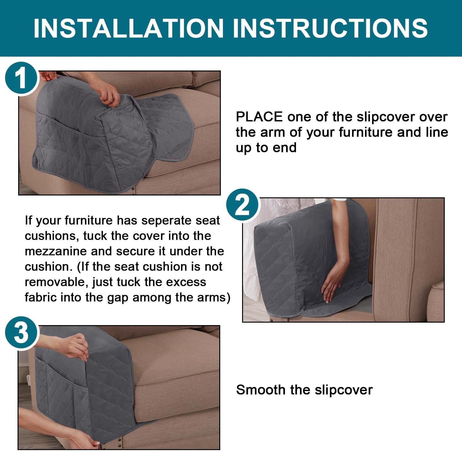 Turquoize 2 Pack Waterproof Armrest Covers for Chairs and Sofas Couch Arm Covers for Sofa Armrest Covers with Side Pocket Anti-Slip Furniture Protector Washable Armrest Slipcovers Set of 2, Gray