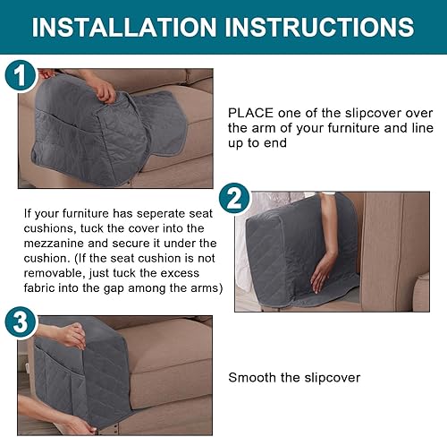 Miniatura 7 de Turquoize Paquete de 2 fundas impermeables para reposabrazos para sillas y sofás, fundas para reposabrazos de sofá con bolsillo lateral, protector