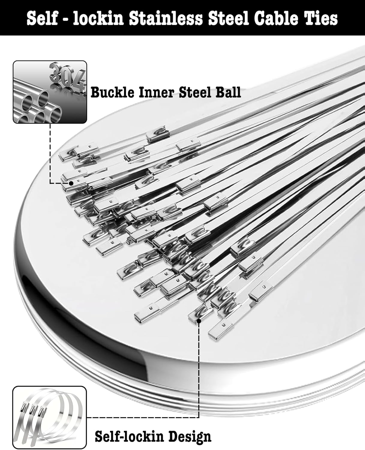 50Pcs Metal Zip Ties 11.8 inch 304 Stainless Steel Zip Ties, Heavy Duty Multi-Purpose Self-locking Metal Cable Ties for Machinery, Vehicles, Exhaust Wrap, Farms, Pipes, Roofs, Cables & Outdoor Fence