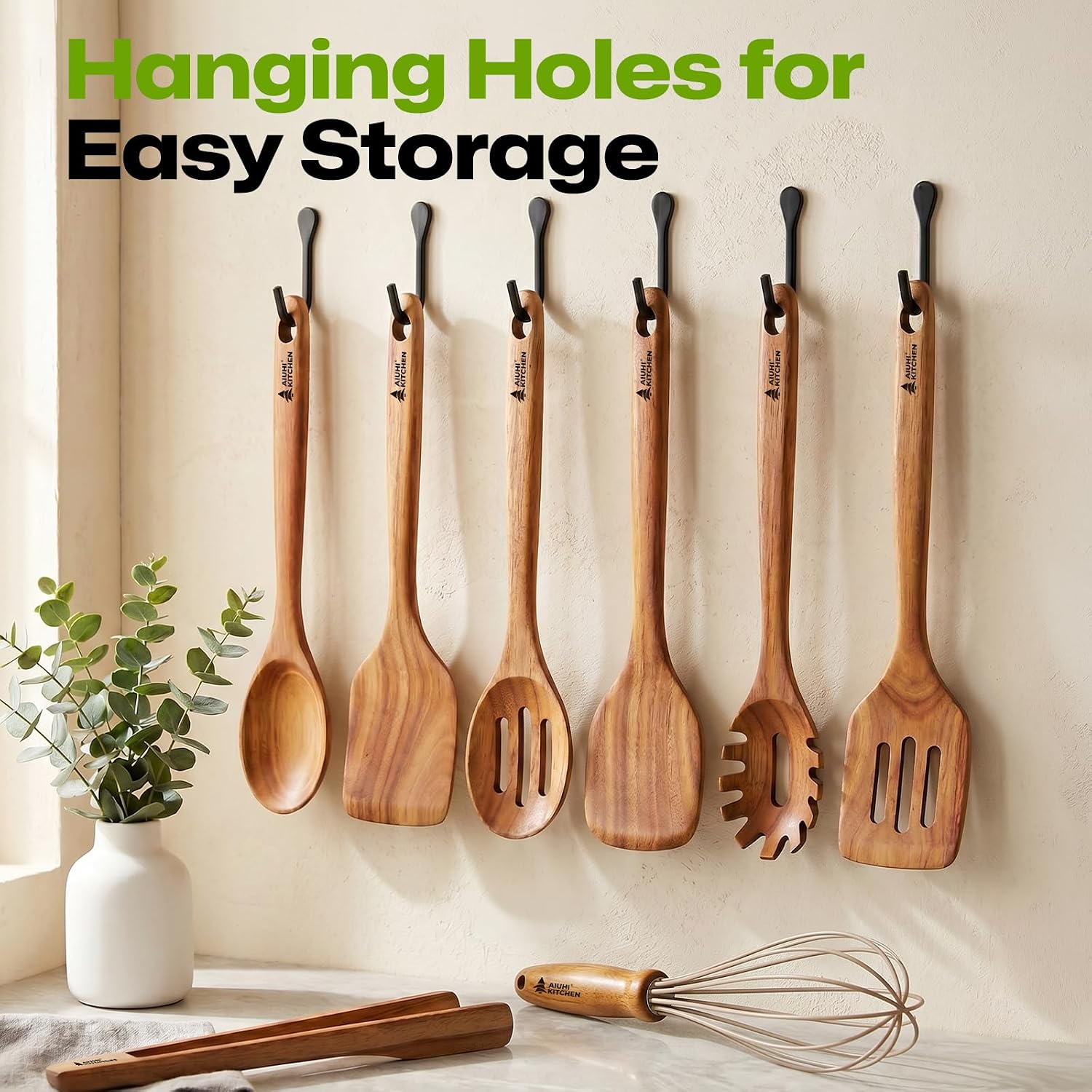 AIUHI Wooden Spoons for Cooking, 8-Piece Teak Wood Kitchen Utensils for Nonstick Cookware, Heat Resistant Wooden Cooking Utensils Set with Smooth Finish, Long Handle Wooden Spatula Tongs Whisk Set