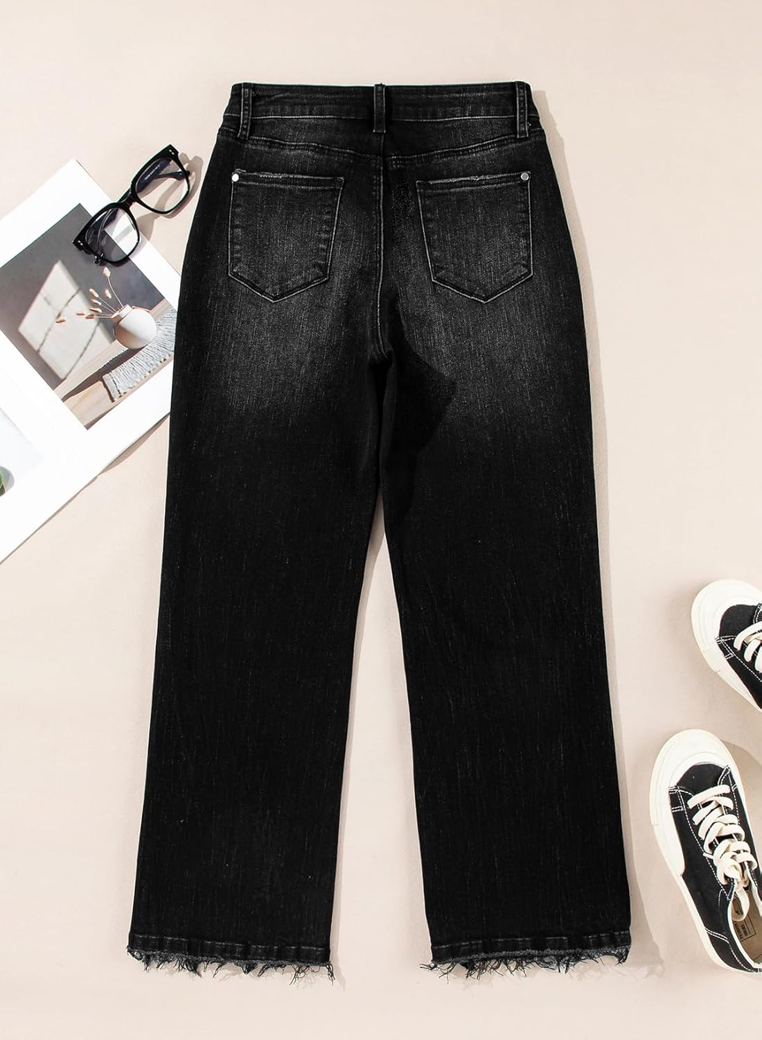 Astylish Womens High Waisted Jeans Stretchy Flared Straight Leg Loose Trendy Raw Hem Denim Pants - Image 6