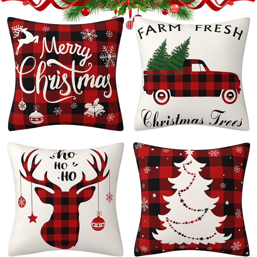 Fundas Navideñas para Cojines 45x45cm 4 Piezas Funda Cojin Navidad, Almohada Fundas Cojines Navidad Fundas de Cojines Navideños, Algodón Lino Throw Pillow Case Funda de Almohada (Tartán Rojo)
