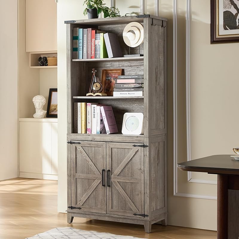 Joaxswe 70in Tall Bookshelf 5 Tier Bookcase with Barn Doors and Adjustable Shelves, Grey Farmhouse Book Shelf with Storage Cabinet, Wood Freestanding Display Bookshelves for Bedroom, Living Room