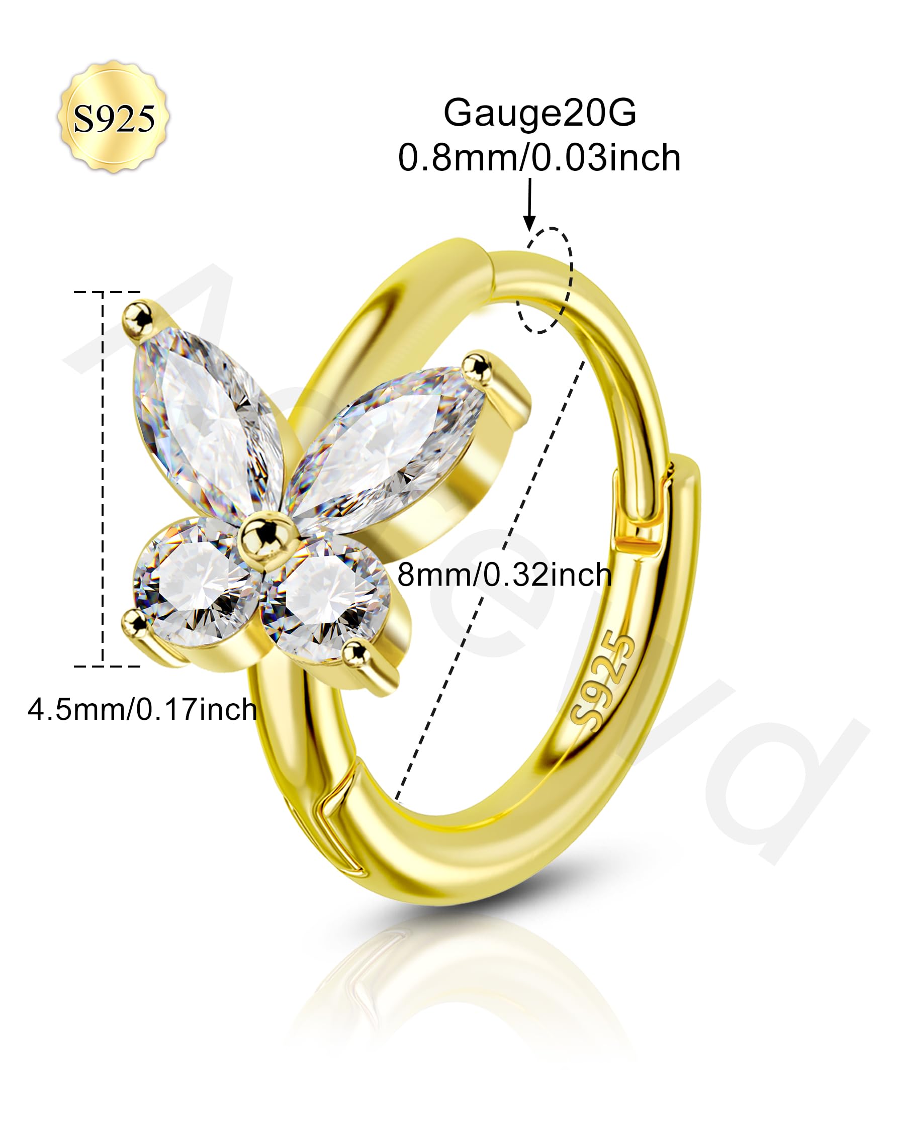 Orecchini in argento Sterling 925 20G farfalla Helix Rook orecchini in acciaio chirurgico Rook Piercing gioielli lobo Huggie Orecchino ad anello 6 mm