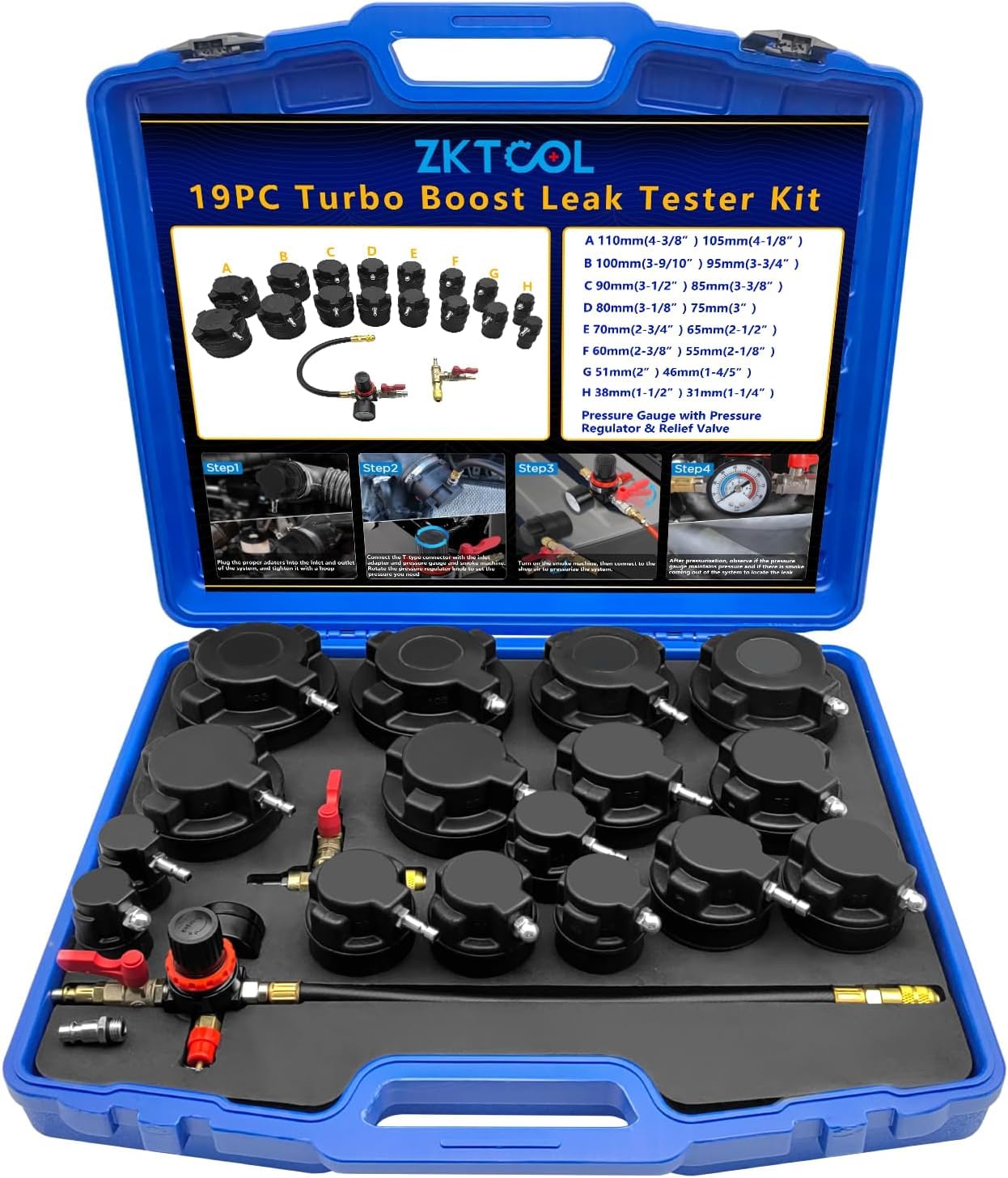 ZKTOOL 19 probadores de fugas de sistema turbo, medidor de presión de aire de turbocompresor, probador de fugas de presión de turbina, probador de fugas de manguera, con 7 pares de adaptadores