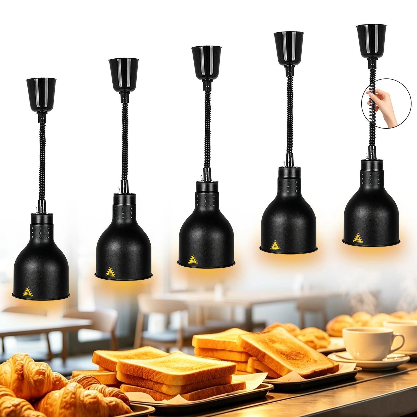 Sospese Lampade Riscaldanti per Cucina, 250W 220V (D-19cm,5 pezzi) | Lampada Scalda Vivande Buffet, Lampada Infrarossi Riscaldante per Alimenti, Acciaio Inossidabile, Altezza Regolabile 60-180cm