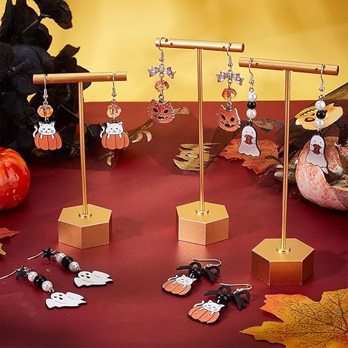 Miniatura 42 de SUNNYCLUE 1 caja de 10 pares de aretes de Halloween, kit de iniciación de esqueleto, hueso, araña, calabaza, cuentas de vidrio para kits