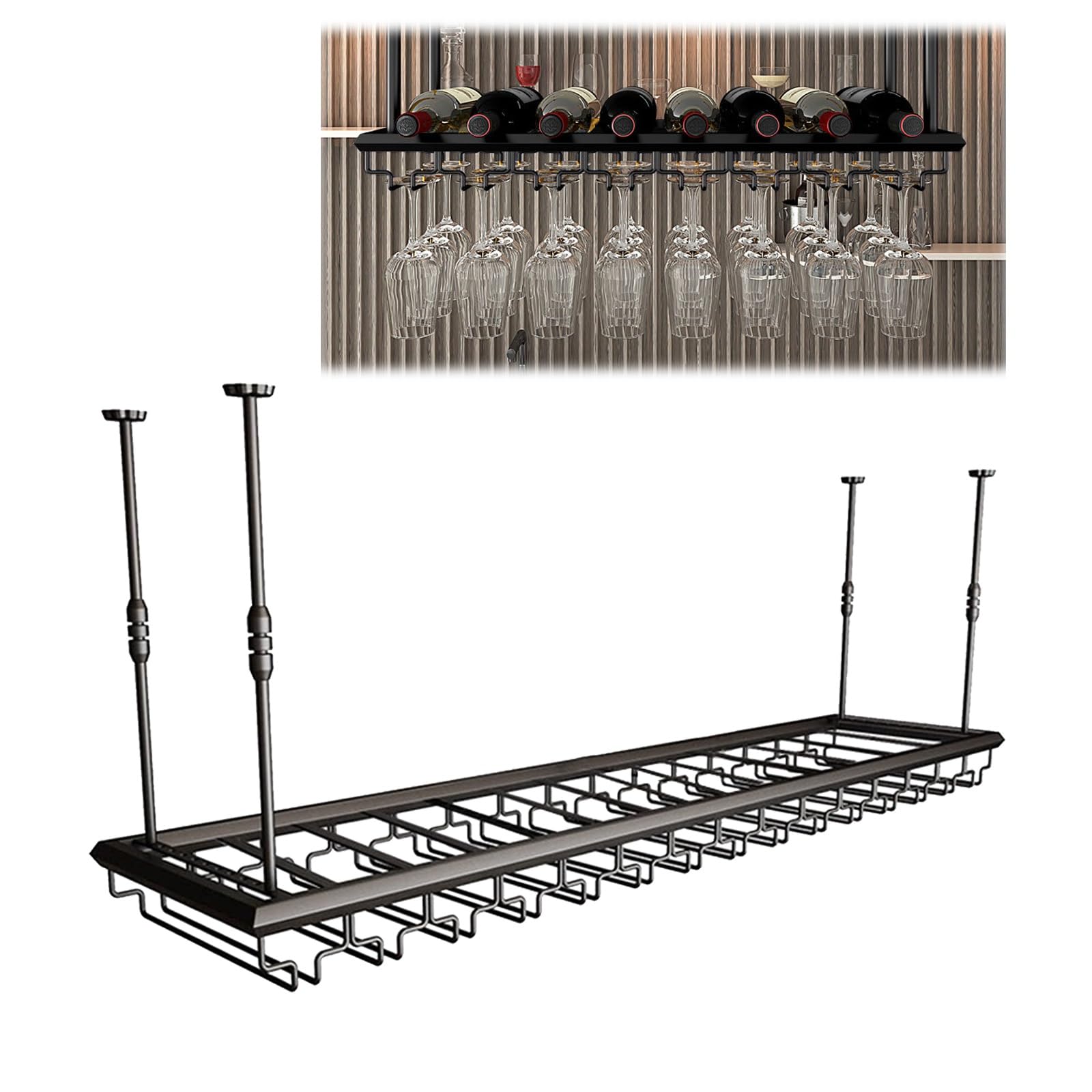 ASYJVWYZ Hanging Wine Rack With Stemware Glass Holder, Industrial Ceiling-Mounted Wine Bottle Organizer, Adjustable Bar Storage Shelf(Style A,150x30cm/59x12in)