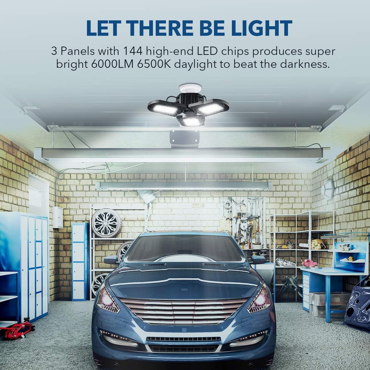 Buу 1 gеt 1 Wokyy 60W LED Garage Lights, Deformable Ceiling Light 6000LM 6500K, E26/E27 Basement Light with 3 Adjustable Die-cast Aluminum Panels for Workshop Barn Warehouse and More - 2 Pack