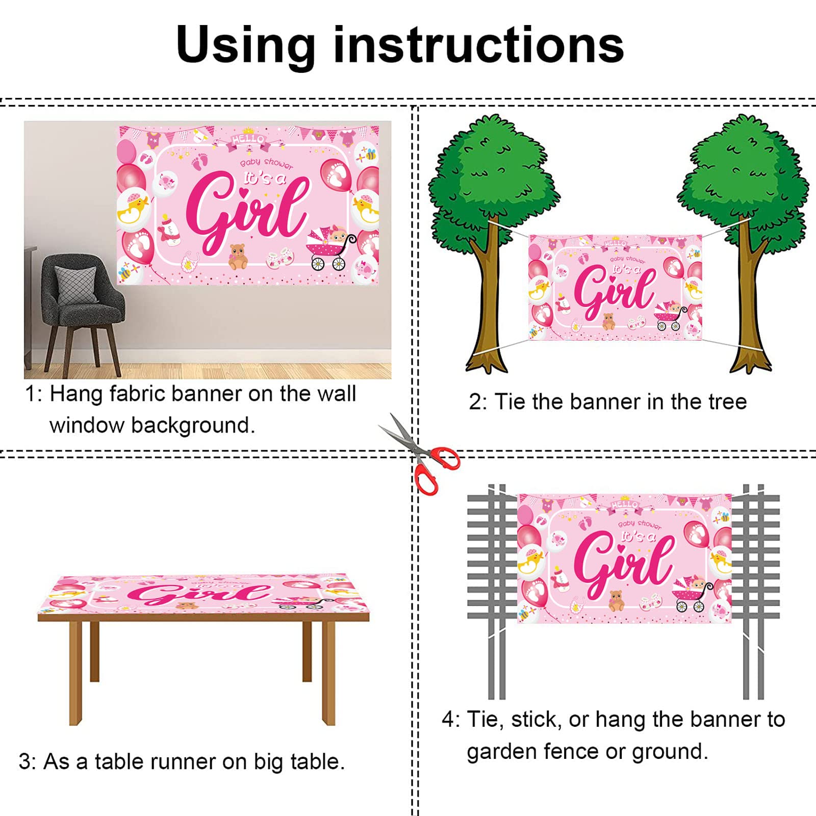 DPKOW It's A Girl Fabric Photo Backdrop Banner for Baby Shower Decoration