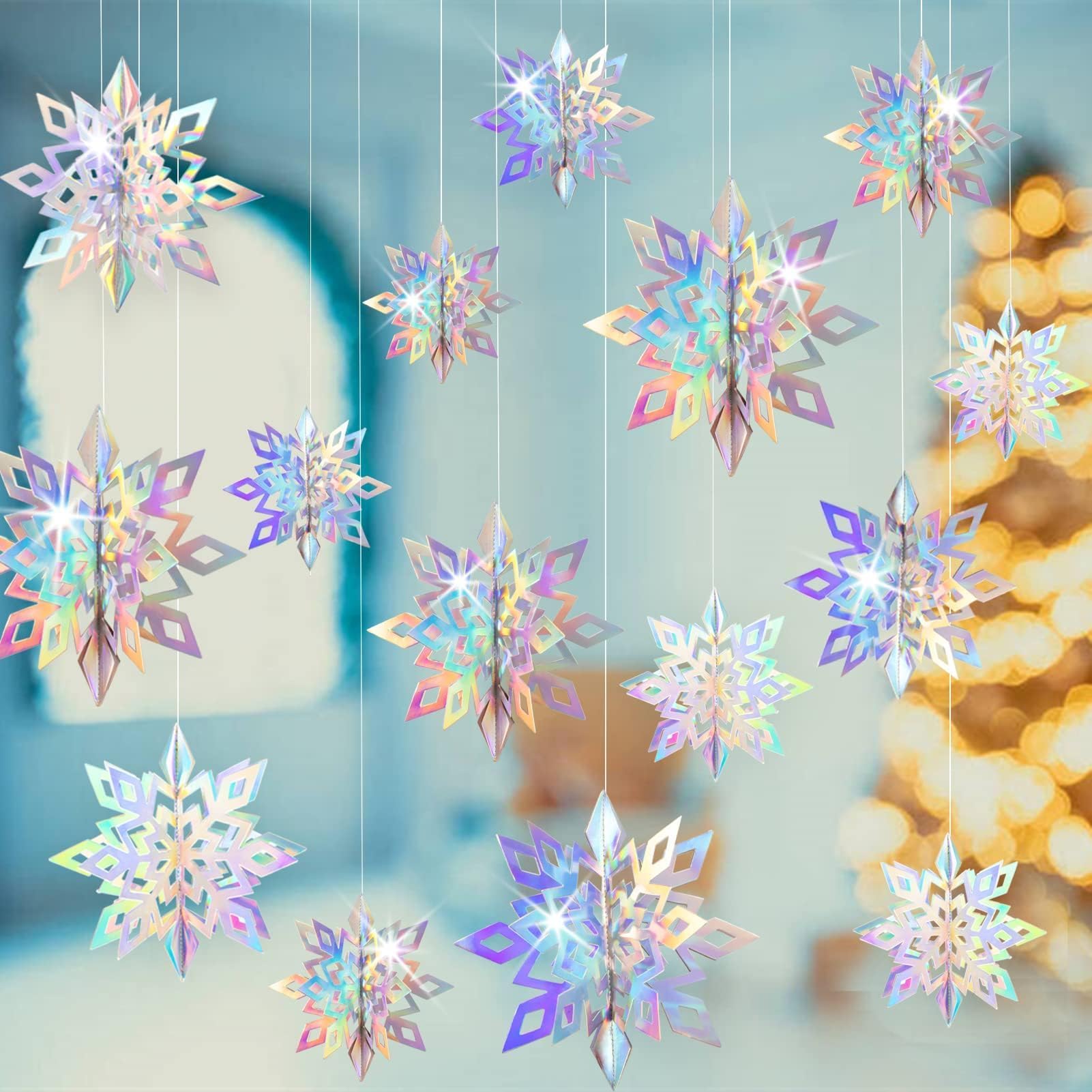 Christmas Hanging Snowflakes Decorations 15 Pack 3D Iridescent Paper Snowflakes Rainbow Snow Flakes Garland for Winter Wonderland Holiday Frozen Christmas Birthday Party Decorations Supplies — image 1